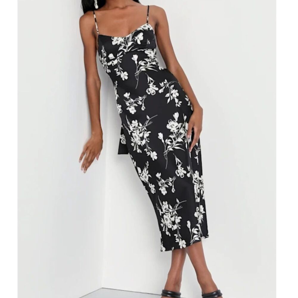 Lulus Glamorous Efforts Black Floral Tie Back Satin Midi Dress XS Romantic